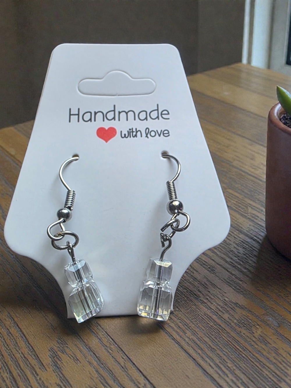 Handmade Clear Crystal Cube Dangle Earrings
